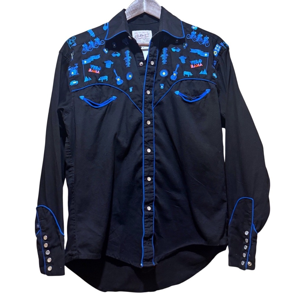Rockmount Ranch Wear‎ Black Acid Western Shirt Embroidery Bikes Guitars Sz Small